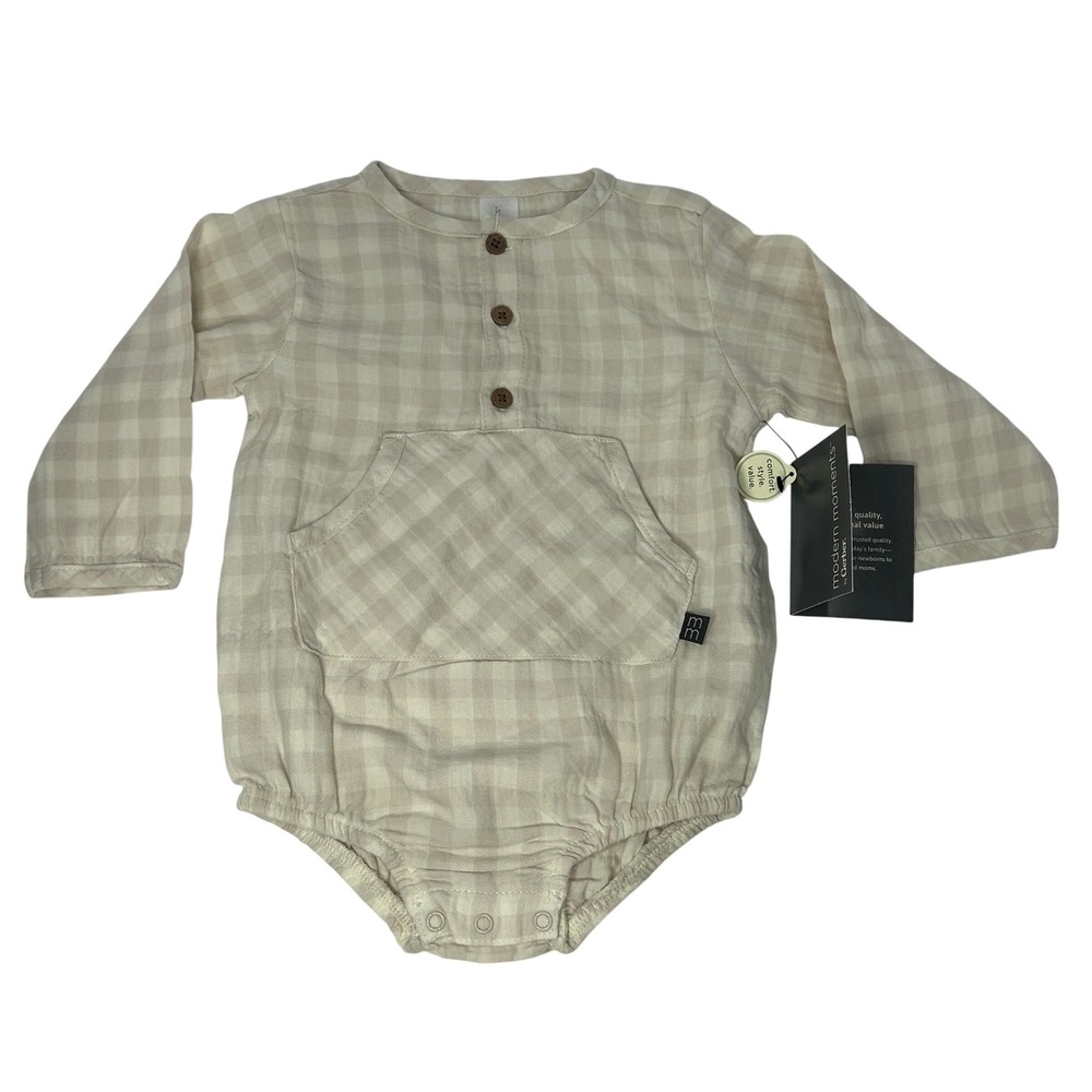 Modern Moments by Gerber Baby Romper 6-9M Tan Ginghamโ Gauze Henley Bubble New